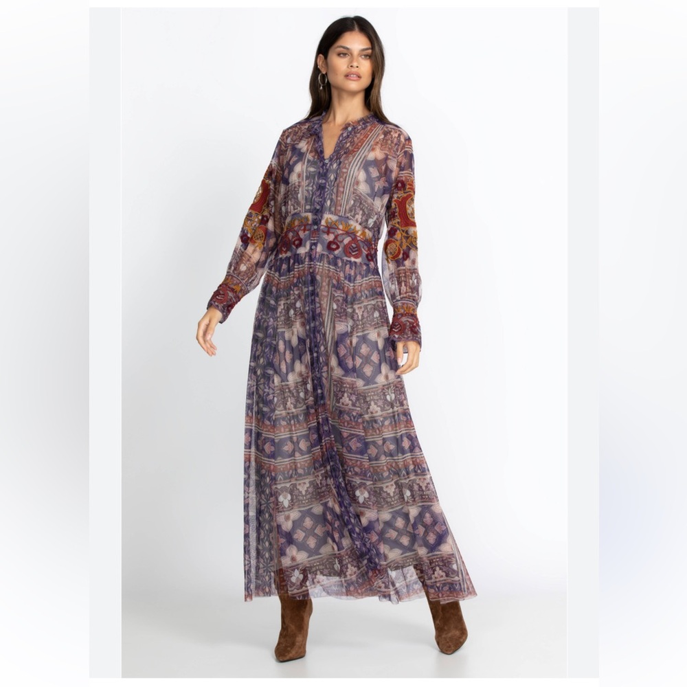 Johnny Was Biya Duana Mesh Embroidered Maxi Long Sleeve Dress